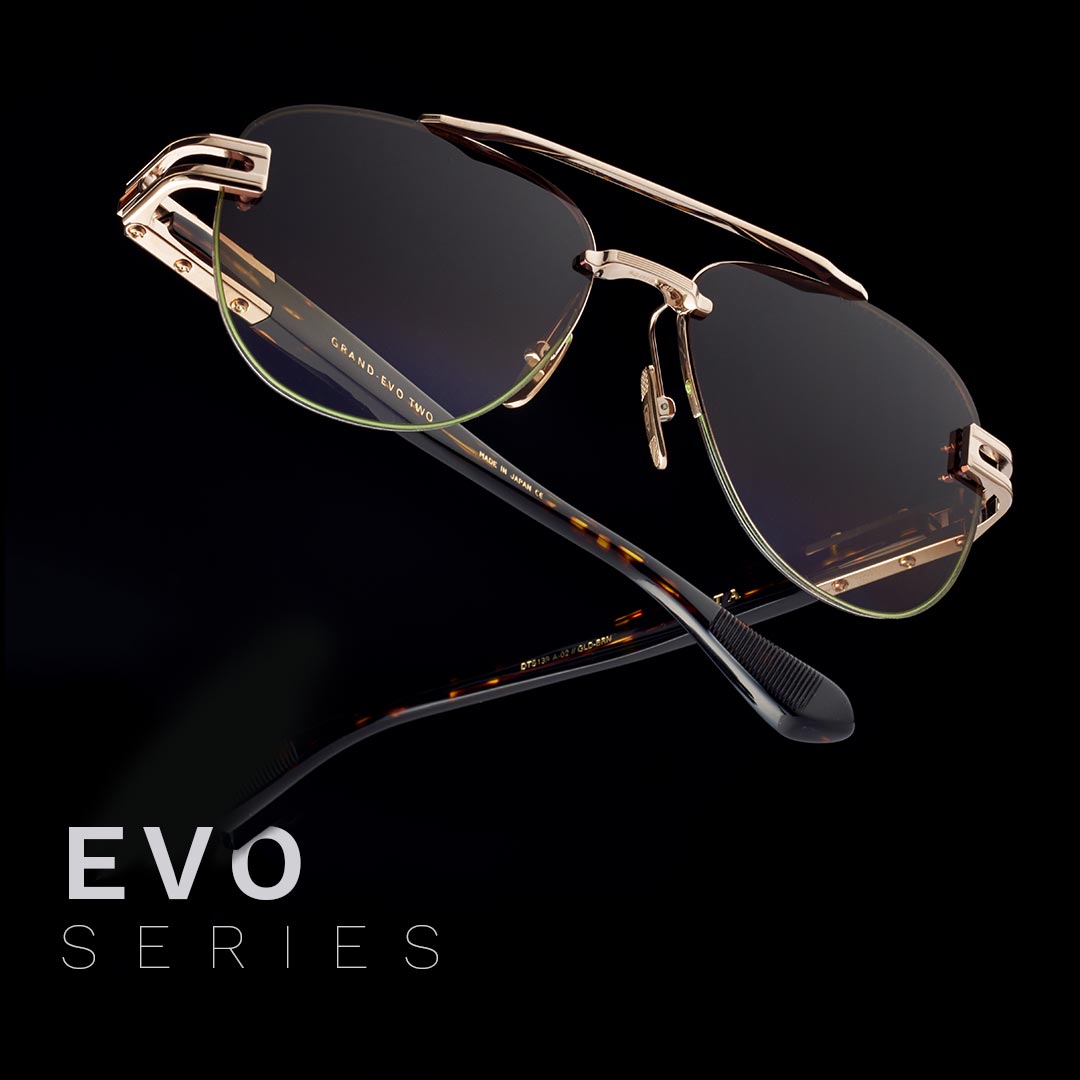 Luxurious sunglasses with gold frames and dark lenses on a black background. The text "Evo Series" is displayed in the lower left corner.