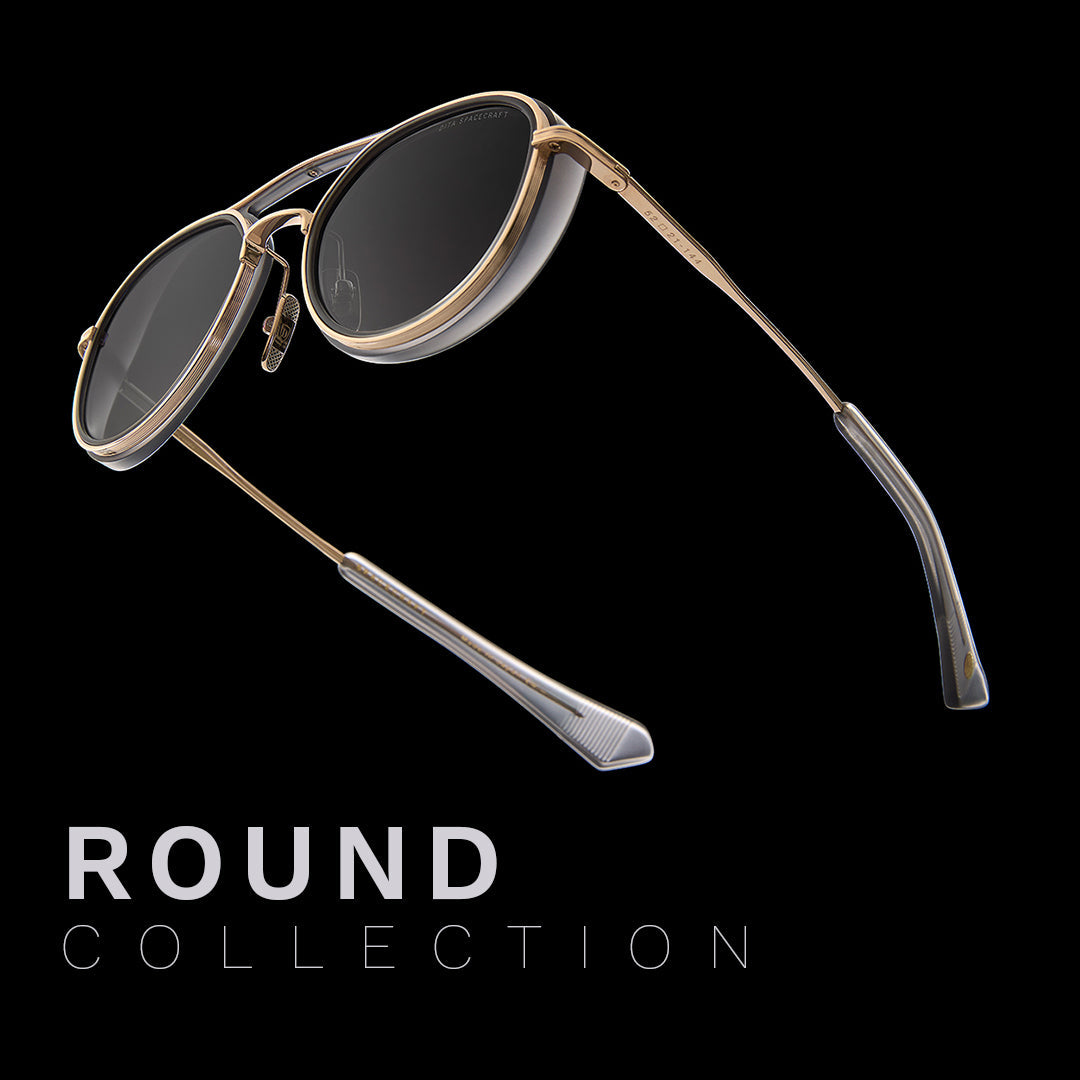 Sleek round sunglasses with gold frames and dark lenses against a black background. Text reads "Round Collection," highlighting style elegance.